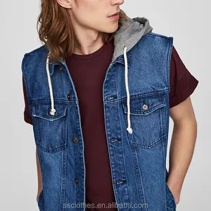 Gilet denim à capuche pour hommes bleu, vêtement décontracté de haute qualité, bon marché, vente en gros