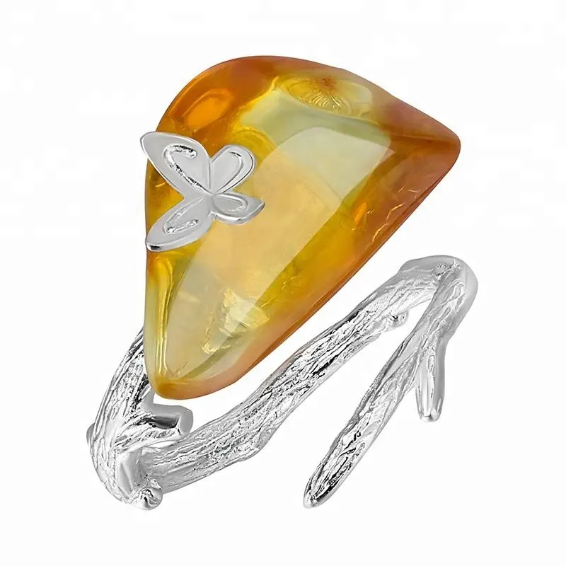 Natural Silver Looking Back Butterfly amber ring