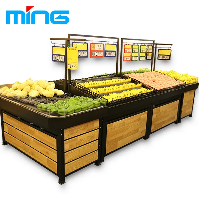 Supermarkt Houten Metalen Rekken Winkel Groente-en Stands Staal Produceren Stand Display Rack Plank Voor Winkel