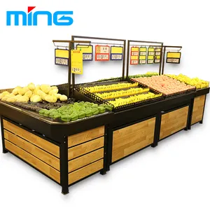 Supermarket Wooden Metal Shelving Store Fruit and Vegetable Stands Steel Produce Stand Display Rack Shelf for Shop