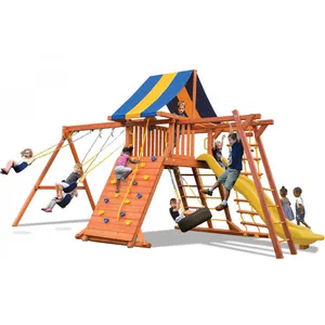 Patio Wooden Climbing Frame Swing Set With Plastic Accessories For Backyard