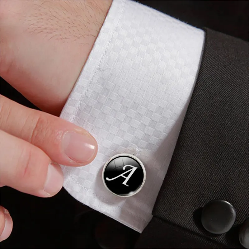 A-Z tek alfabe kol düğmeleri gümüş renk mektup kol düğmesi erkek fransız gömlek düğün kol düğmeleri yüksek kaliteli alt