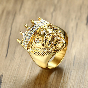 Bague de luxe Hip Hop pour homme, motif tête de lion, ornée de strass en cristal, couronne en or 18 carats - Product Image 4