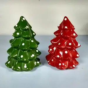Agitadores de sal y pimienta para Navidad, árboles de cerámica personalizados, verde y rojo, venta al por mayor, nuevos