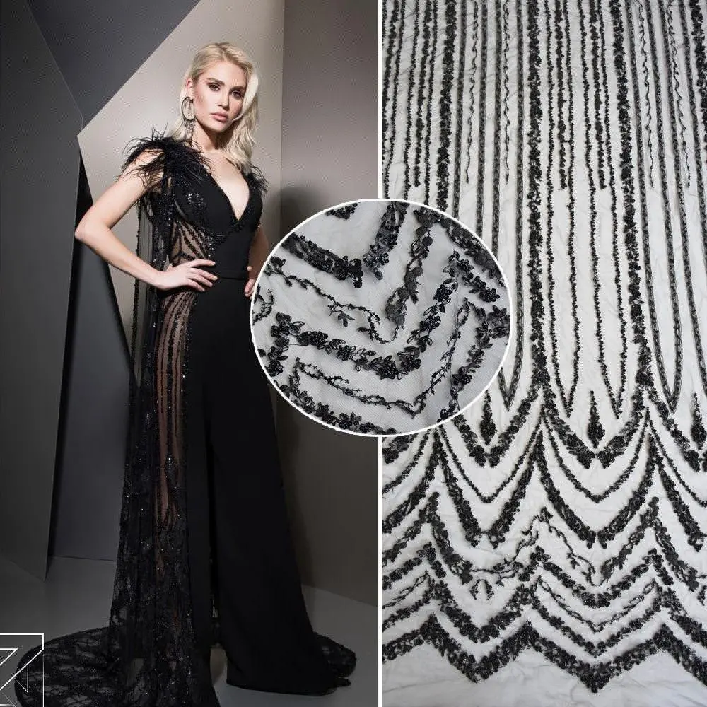 Élégante dentelle noire robe tissu pur de haute qualité handwork perlé tulle dentelle pour défilé de mode HY0745-1