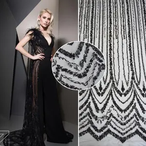 Elegante schwarz spitze kleid stoff hohe qualität reine handarbeit perlen tüll spitze für mode zeigen HY0745-1