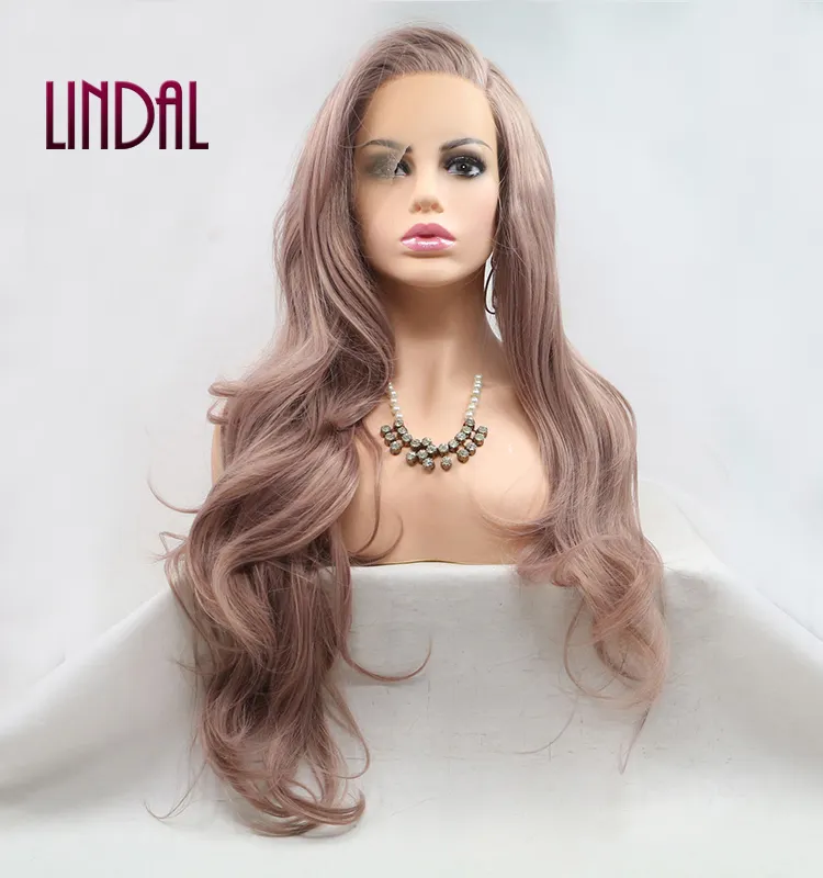 LINDAL Wig sintetis emas mawar renda depan panjang bergelombang alami garis rambut tahan panas serat rambut Wig renda tanpa lem persik merah muda