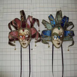 Dipinto a mano Full Face Jester Jolly Joker Rosa Venetian Masquerade Muro Maschera Costume di Carnevale Maschera Con Campane Mardi Gras