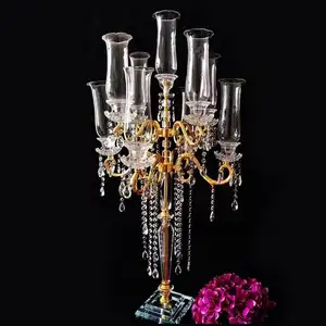hot selling 2018 crystal gold table glass tube tea light candelabra 9 arms for iron wedding with crystals
