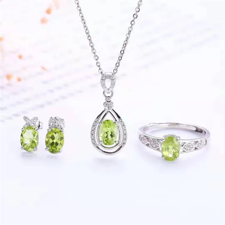 thailand silver ring 18k gold plated 925 sterling silver natural olivine jewelry sets pendant/ring/earring for women