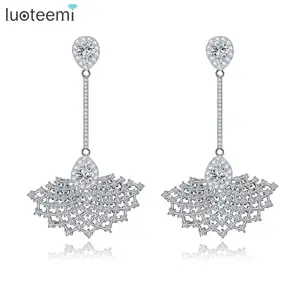 LUOTEEMI Bán Buôn Bạch Kim Mạ Brass Fan Thời Trang Pendant Drop Bông Tai Dài Cho Phụ Nữ Cubic Zirconia Trang Sức Cưới