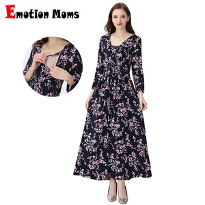 Cổ Mùa Thu/Mùa Thu 3/4 Tay Áo Hoa Thai Sản Dài Dress Dệt Kim Stretch Vải Cho Con Bú Maxi Đảng Ăn Mặc Cho Con Bú Mặc