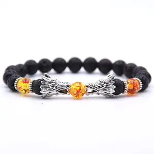 Natural Lava Stone 8mm helmet silver Alloy Lion Head Elephant Bracelet Handmade Beaded Animals stone Bracelets