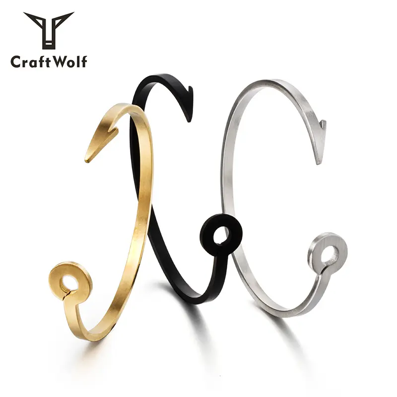 Craft Wolf Minimalist jewelry Cuff Men Women 18K gold Stainless Steel Fish Hook Anchor bangle bracelet