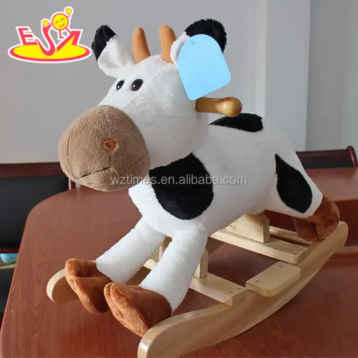 2018 New design baby wooden rocking horse with wheels funny kids cartoon animal wooden rocking horse with wheels W16D107