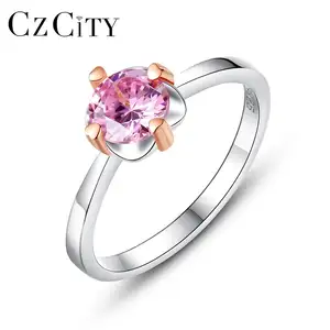 CZCITY 저렴한 925 스털링 실버 핑크 큐빅 지르코니아 약혼 반지 보석 더블 골드 도금 꽃 반지