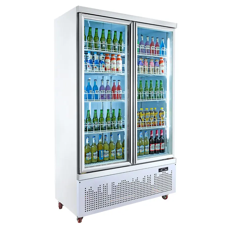 Refrigerador de bebidas de 1000L, barra vertical de exhibición, nevera de cerveza de doble puerta