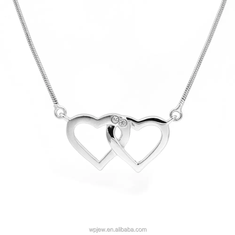 925 Silver Necklace 925 Sterling Silver Plain Connected Heart With Crystal CZ Polished Fashion Pendant Necklace Jewelry For Women