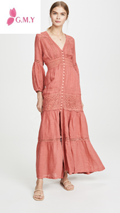 Autunno moda donna mussola in <span class=keywords><strong>pizzo</strong></span> <span class=keywords><strong>con</strong></span> <span class=keywords><strong>spacco</strong></span> frontale a <span class=keywords><strong>spacco</strong></span> <span class=keywords><strong>con</strong></span> collo a V <span class=keywords><strong>con</strong></span> bottone a maniche lunghe sul davanti Maxi abito - Product Image 2
