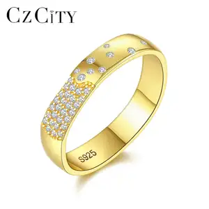 Czcity nữ bạc 925 Nhẫn đính hôn phong cách sang trọng kim cương shinning Nhẫn cưới rộng ban nhạc