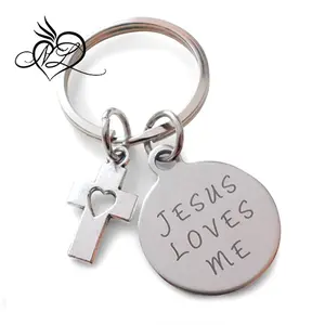 Jesus loves me small saying disc keychain with Small Cross Charm Religious Keychain CN ZHE Unisex Anniversary Engagement Gift Party Wedding