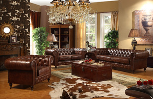 <span class=keywords><strong>Set</strong></span> di Divani in Pelle Italiana Vintage Marrone con Lavorazione Tufted/Arredamento per Soggiorno (MOQ=1 <span class=keywords><strong>SET</strong></span>) - Product Image 4