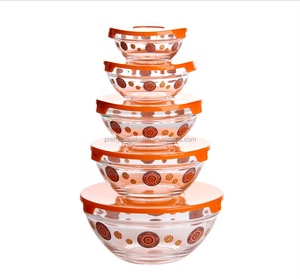 Ensemble de 5 bols en verre <span class=keywords><strong>pas</strong></span> <span class=keywords><strong>cher</strong></span> avec couvercles en plastique, saladier en verre pour la vente en gros - Product Image 3