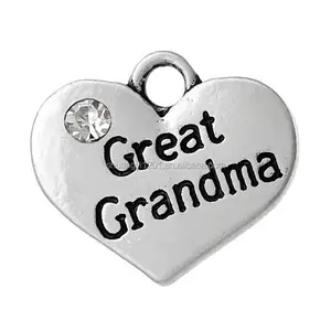 Antique Silver Plated Alloy Metal Heart Shape DIY Engraved Message CZ Great Grandma Charm Baby Girl Pendant