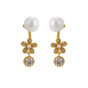 93768 xuping newest handmade imitation jewelry pretty beautiful flower precious white pearl 24k gold plated earring