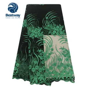 Bestway 蕾丝和刺绣面料尼日利亚新叶绿色批发法国蕾丝与珠和水钻连衣裙 FL2094