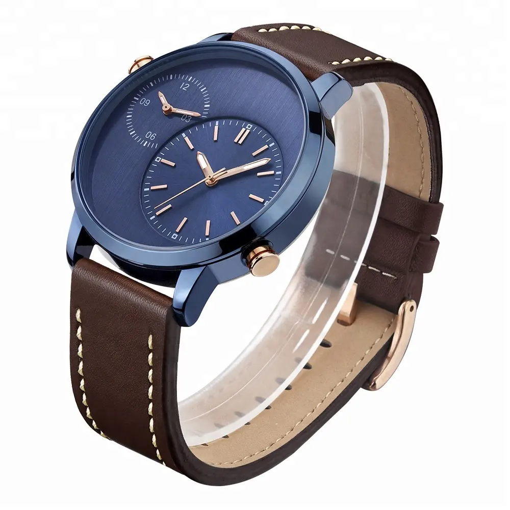 IP Plated Blue Zinc Alloy Case Leather Wrist Watches Men Quartz Dual Time Watch