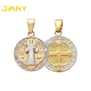 Personalizzato Oro e Tono Argento Rotonda San San Benedetto Medaglia Croce Pendente Religioso