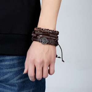 Set di Bracciali <span class=keywords><strong>in</strong></span> Pelle Intrecciati a Mano per <span class=keywords><strong>Uomo</strong></span>, Bracciale <span class=keywords><strong>in</strong></span> Pelle con Corda per Vendita all'Ingrosso N80876 - Product Image 3
