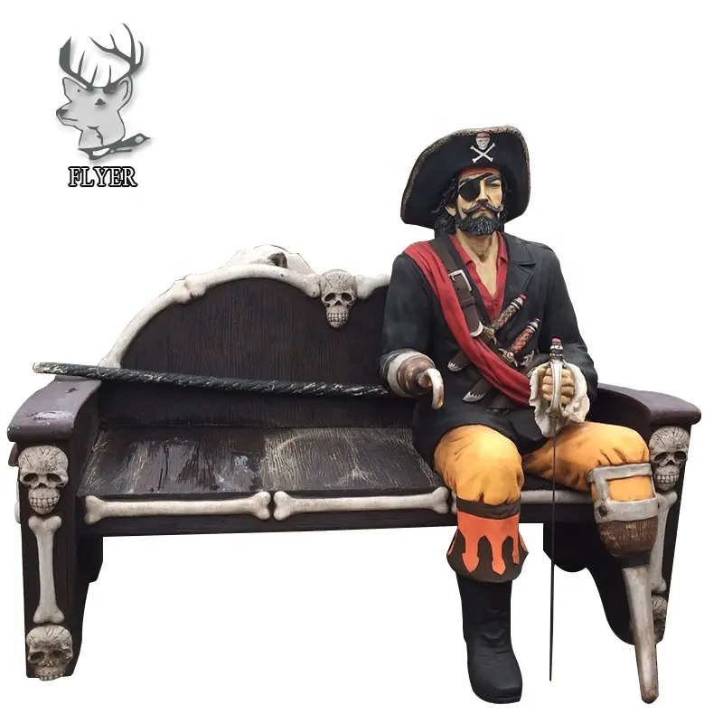 Outdoor decoration life size Fiberglass pirate sculpture sitting on the bench