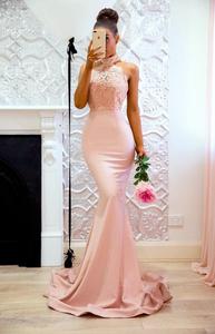 Custom <span class=keywords><strong>Pink</strong></span> Lace Top Summer Sexy Halter Gown Maxi Bodycon Vestido de novia con red de encaje Trail - Product Image 6