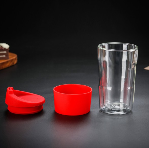 Double Wall Glass Coffee Cup With Lid and Silicone Thermo Insulated Borosilicate Tumbler Glass Coffee Cup With Lid