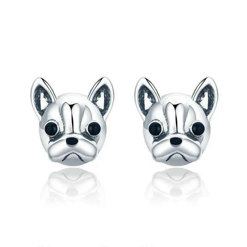 100% 925 Anting-Anting Kancing Kecil Hewan Anjing Bulldog Perancis Mitra Setia Perak Sterling untuk Perhiasan Oorbellen SCE283