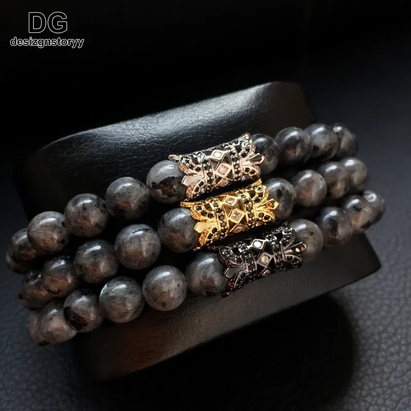 Pulseira bracelete, homens mulheres charme 8mm labradorite pedra beads micro pave cz coroa pulseira