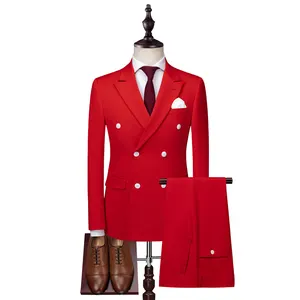 Hd110 terno masculino de trajes duplo, vermelho com botões brancos, 3 peças, ternos de casamento para homens personalizado, slim fit