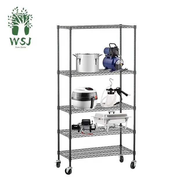 Professionele 5 Tiers Nsf Hoge Kwaliteit Goedkope Epoxy Coating Verchroomd Ijzerdraad Mesh Keuken Rack Opslag + Houders Rekken