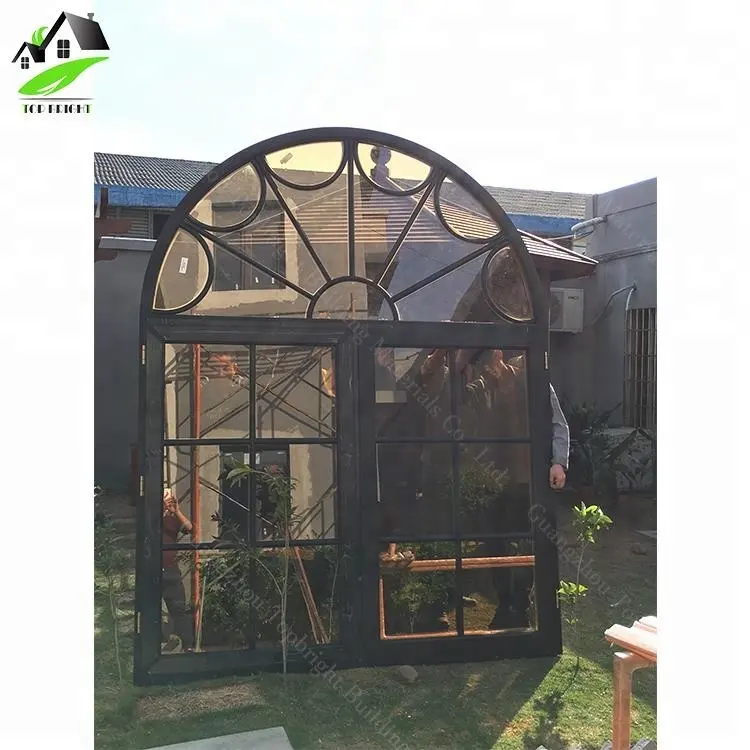Grades de janelas personalizadas de meia lua design em arco superior fixo perfil moldura de vidro folheado de madeira para caixilhos de janelas de alumínio do arco