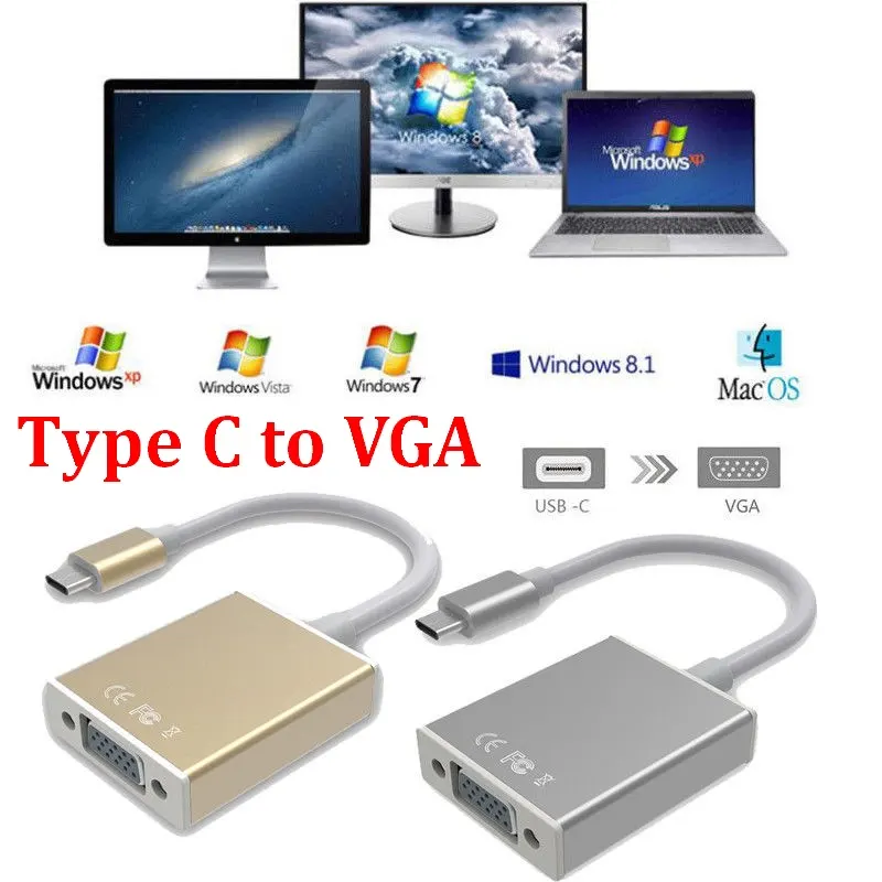 Adaptor USB C Ke VGA USB 3.1 Tipe C, Kabel Adaptor USB-C Ke VGA Female untuk Macbook Samaung Huawei Google Chromebook ASUS