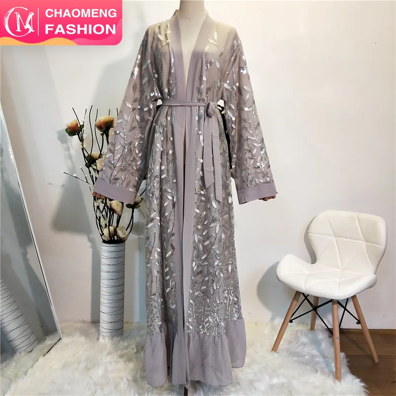 1711 # nuovo Stile Caftano A Manica Lunga Musulmano Anteriore Aperta Kimono Moderna Paillettes Abaya per Promenade di Sera