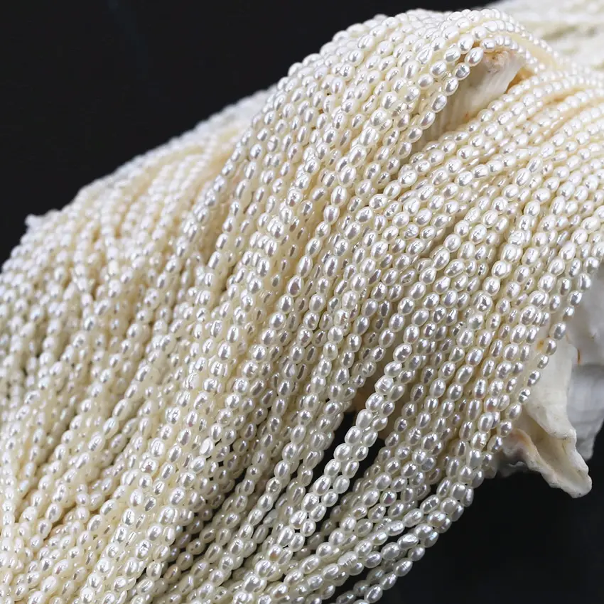 Perle de rocaille en forme de grains de riz, petite taille, de 3 à 4mm, fil de perles naturelles authentiques d'eau douce