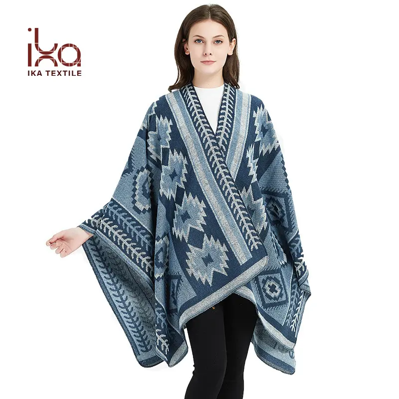 Women's Color Stitch Tassel Soft Cashmere Wool Like Poncho Cape Scarf