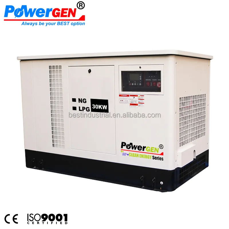 POWERGEN silencioso refrigerado por líquido GLP/NG espera casa generador de respaldo 30KW