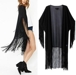 Negro borlas flecos brazalete gasa Kimono blusa camisa chaqueta - Product Image 1