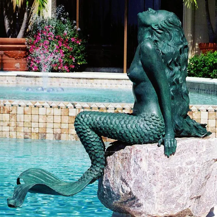 Tamanho da vida arte arte antigo patina bronze sentado estátua de sereia escultura da piscina