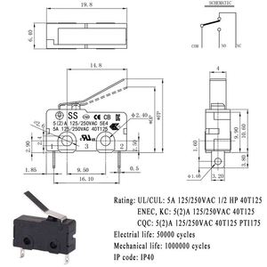 가장 천한 전기 마이크로 스위치 SS5 1A-10A 125v 250v SPST <span class=keywords><strong>2</strong></span> 핀 푸시 버튼 제한 마이크로 스위치 게임 머신 - Product Image 6