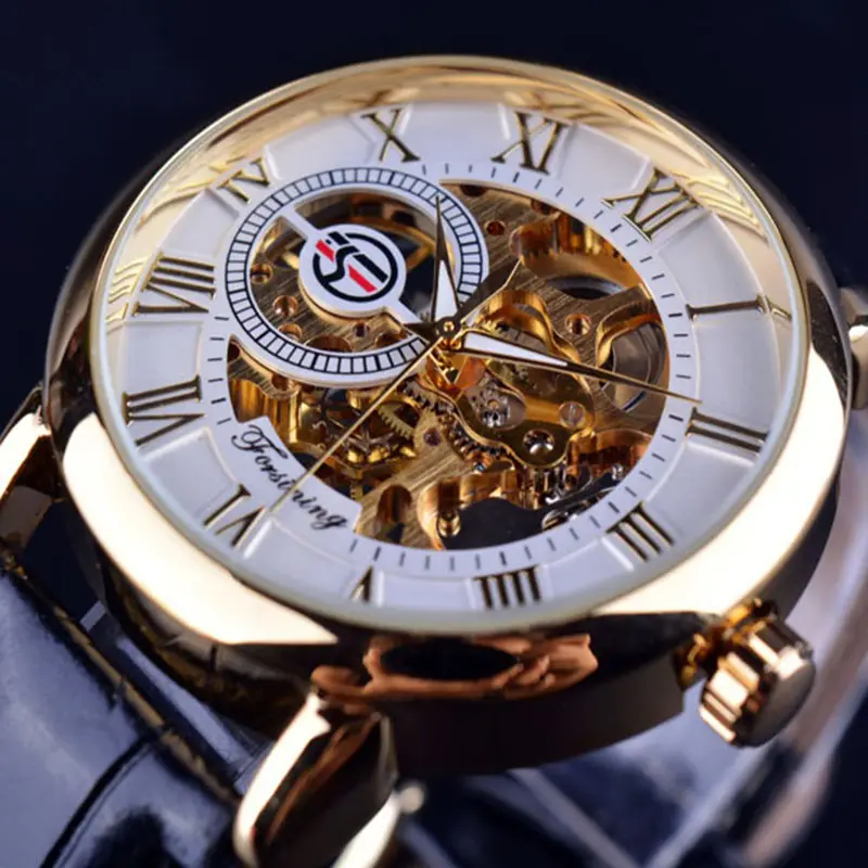 Forsining 3d Logo Design Hollow Engraving Black Gold Case Leather Skeleton Mechanical Watches Men Luxury Heren Horloge 8099
